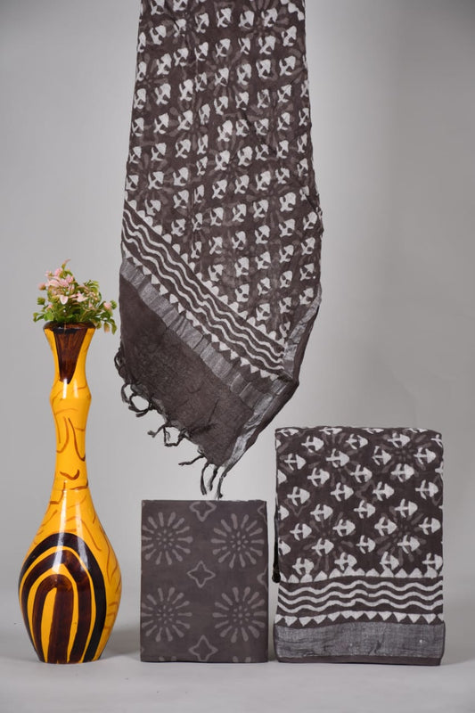 Bagru Hand Block Printed Linen Suits With Zari Border