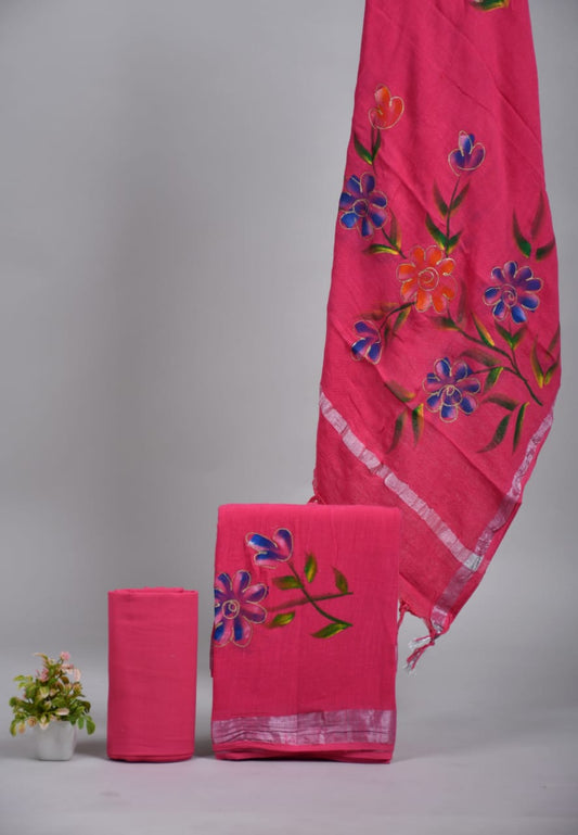 Bagru Hand Block Printed Linen Suits With Zari Border