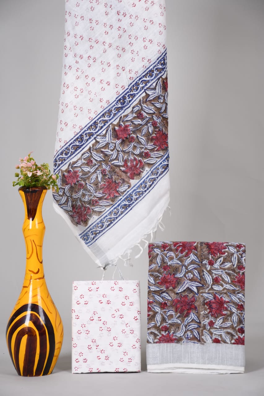 Bagru Hand Block Printed Linen Suits With Zari Border