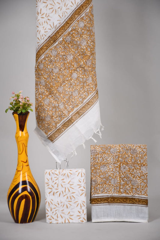 Bagru Hand Block Printed Linen Suits With Zari Border