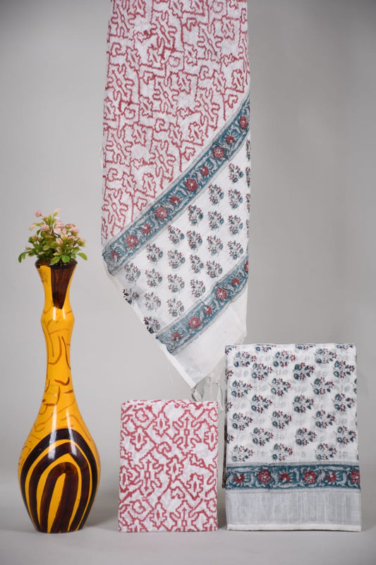 Bagru Hand Block Printed Linen Suits With Zari Border