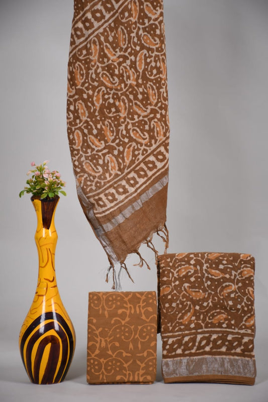 Bagru Hand Block Printed Linen Suits With Zari Border