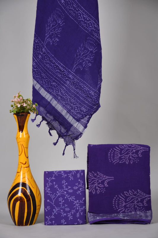 Bagru Hand Block Printed Linen Suits With Zari Border