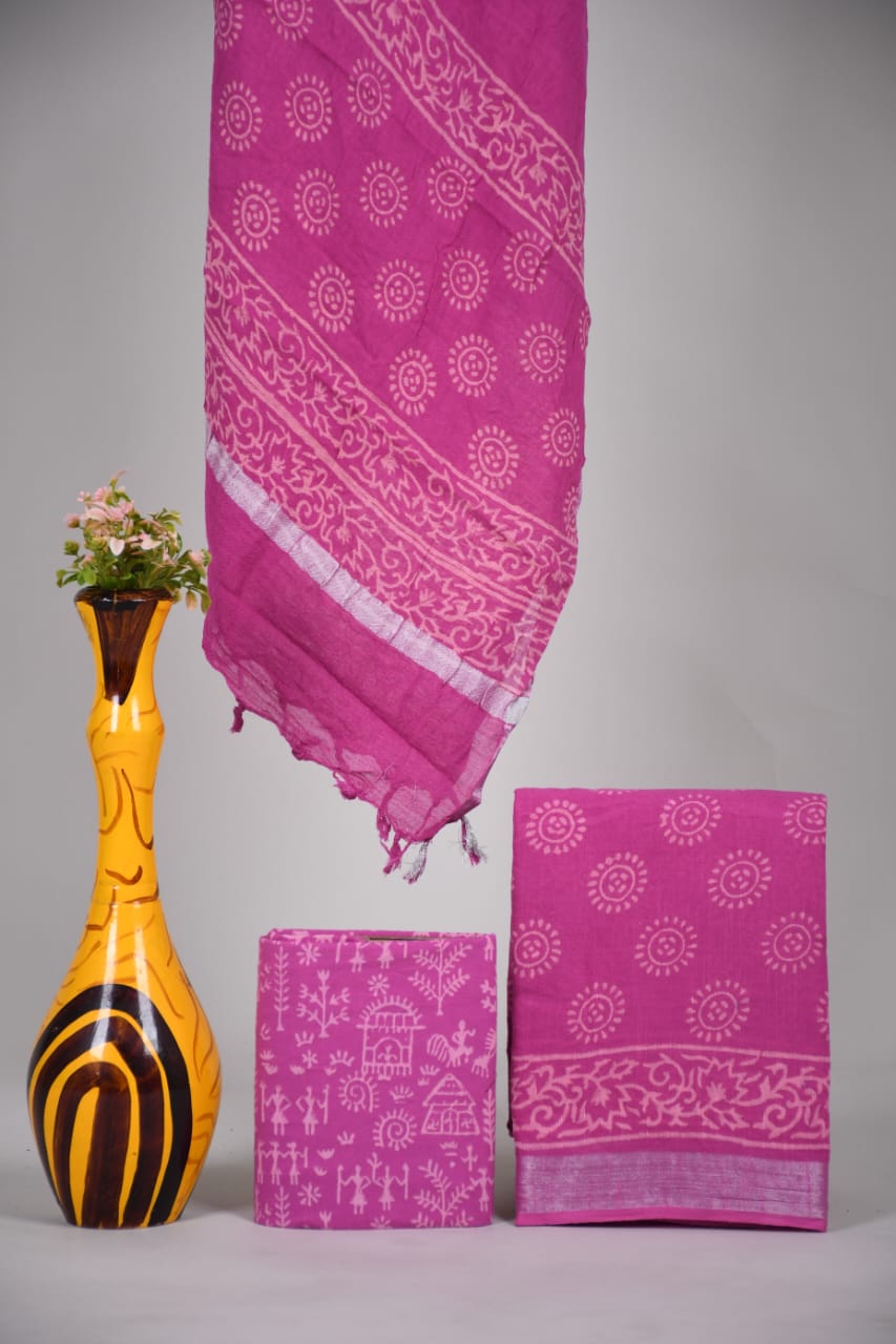 Bagru Hand Block Printed Linen Suits With Zari Border