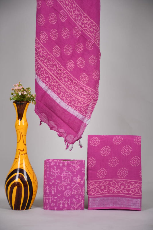 Bagru Hand Block Printed Linen Suits With Zari Border