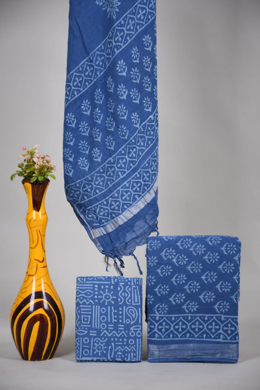 Bagru Hand Block Printed Linen Suits With Zari Border