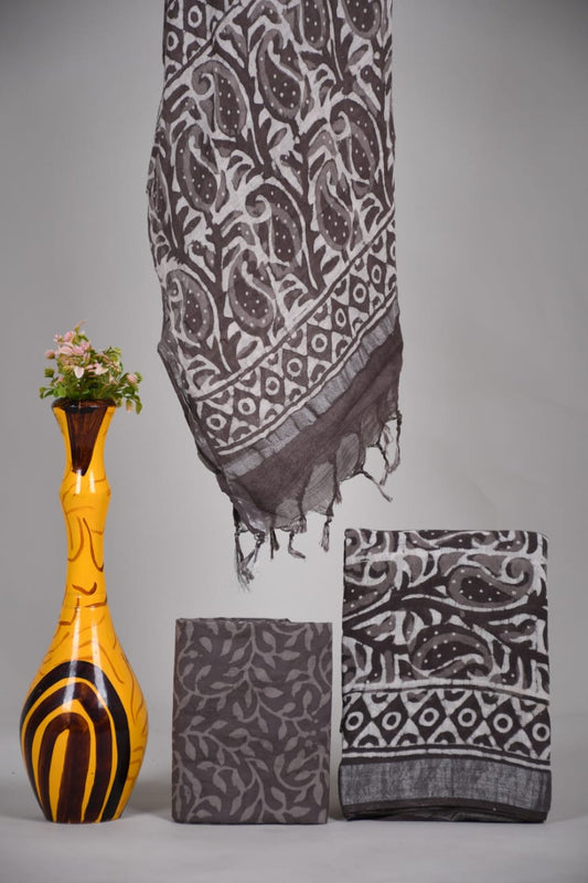 Bagru Hand Block Printed Linen Suits With Zari Border