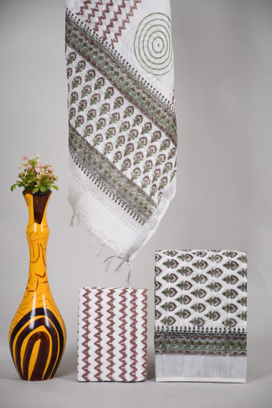 Bagru Hand Block Printed Linen Suits With Zari Border