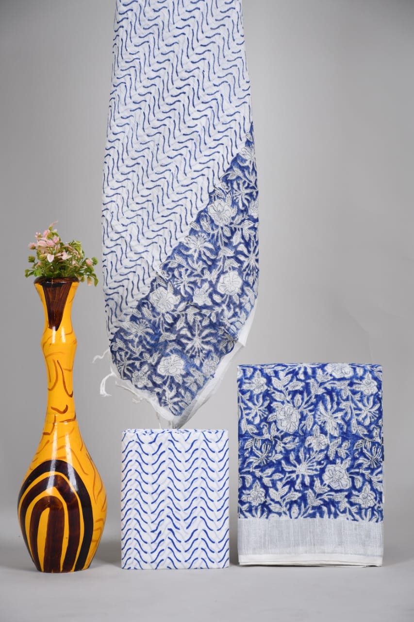 Bagru Hand Block Printed Linen Suits With Zari Border