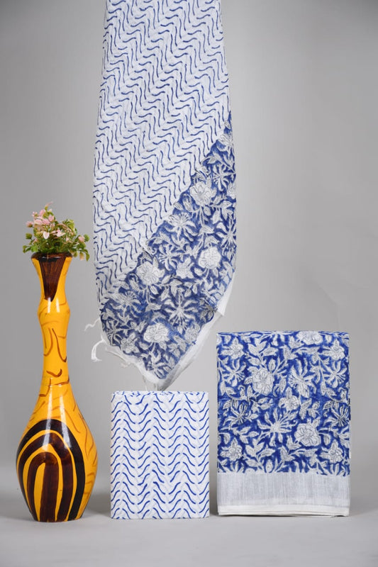 Bagru Hand Block Printed Linen Suits With Zari Border