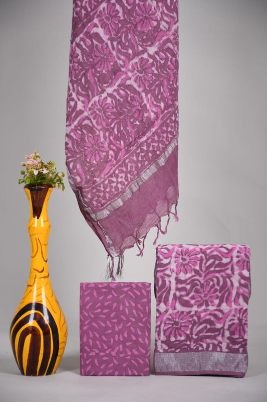 Bagru Hand Block Printed Linen Suits With Zari Border