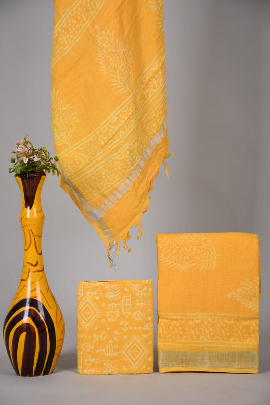 Bagru Hand Block Printed Linen Suits With Zari Border