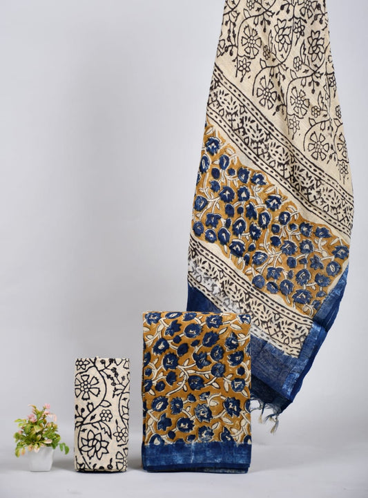 Bagru Hand Block Printed Linen Suits With Zari Border