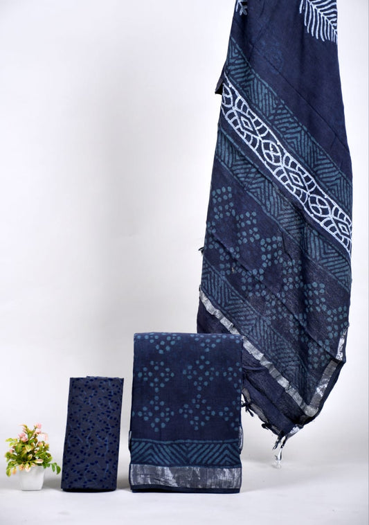 Bagru Hand Block Printed Linen Suits With Zari Border