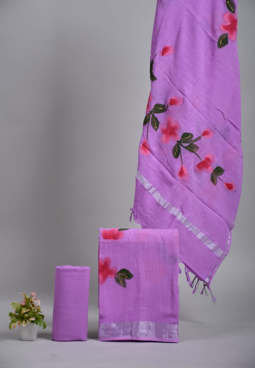 Bagru Hand Block Printed Linen Suits With Zari Border