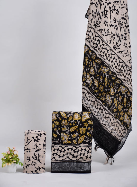 Bagru Hand Block Printed Linen Suits With Zari Border