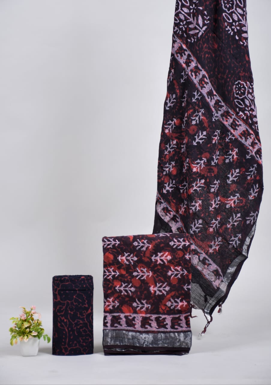 Bagru Hand Block Printed Linen Suits With Zari Border