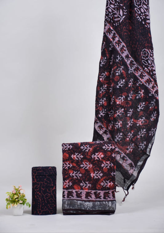 Bagru Hand Block Printed Linen Suits With Zari Border