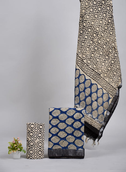 Bagru Hand Block Printed Linen Suits With Zari Border