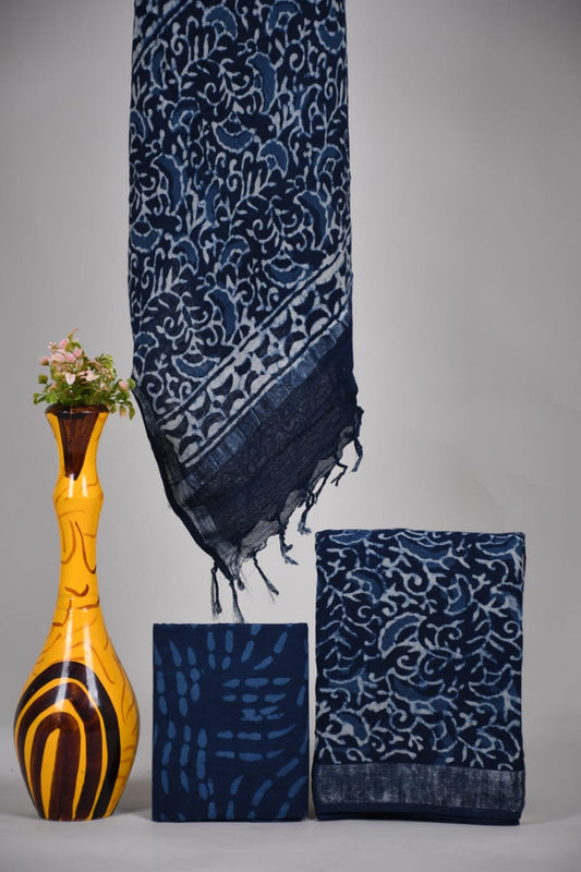 Bagru Hand Block Printed Linen Suits With Zari Border
