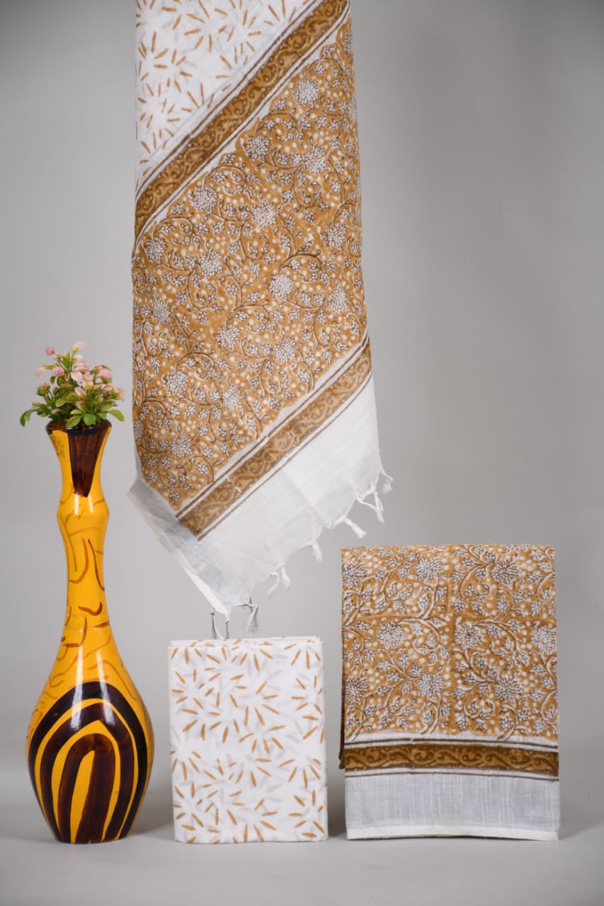 Bagru Hand Block Printed Linen Suits With Zari Border