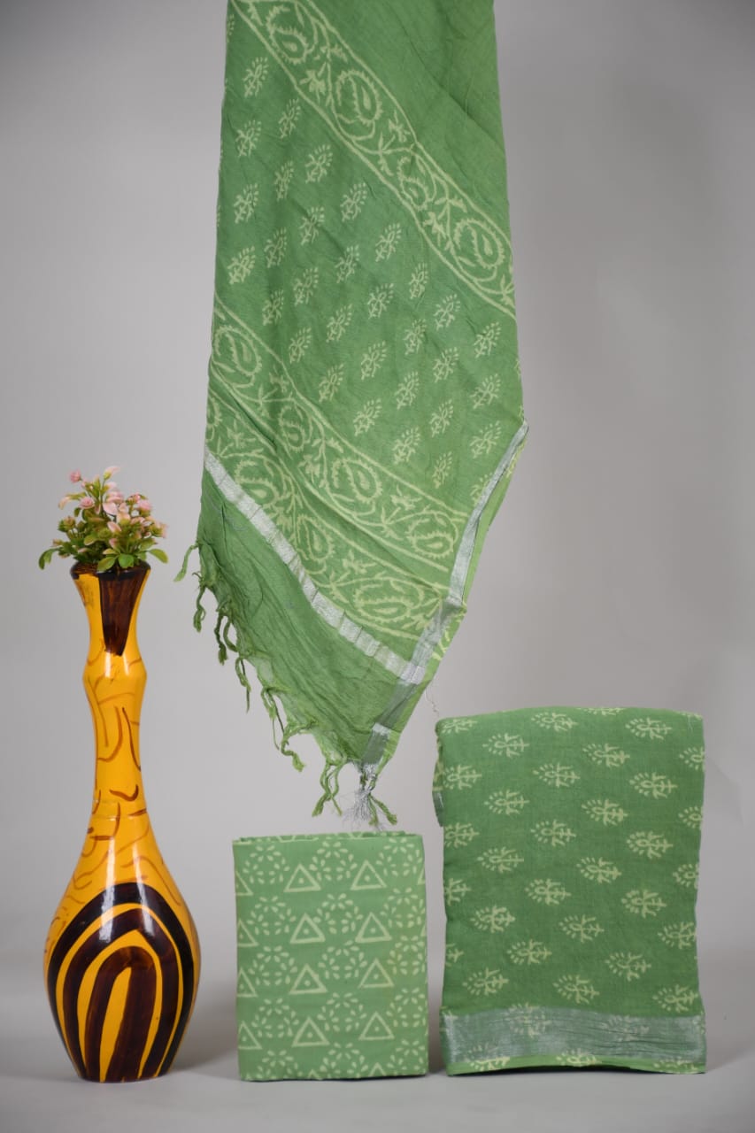 Bagru Hand Block Printed Linen Suits With Zari Border