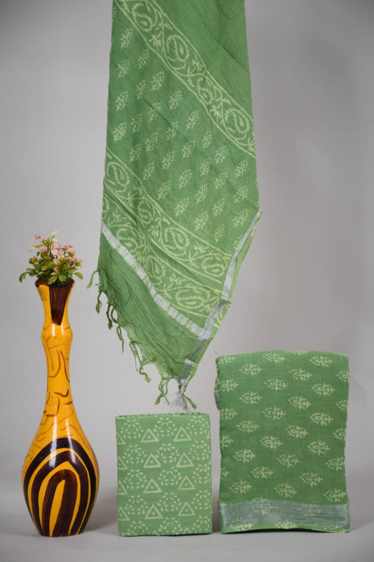 Bagru Hand Block Printed Linen Suits With Zari Border