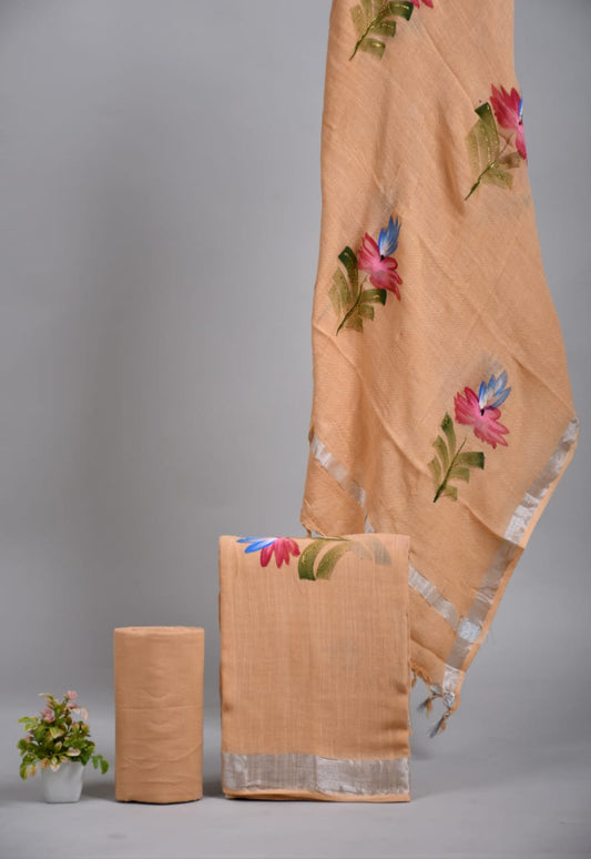 Bagru Hand Block Printed Linen Suits With Zari Border