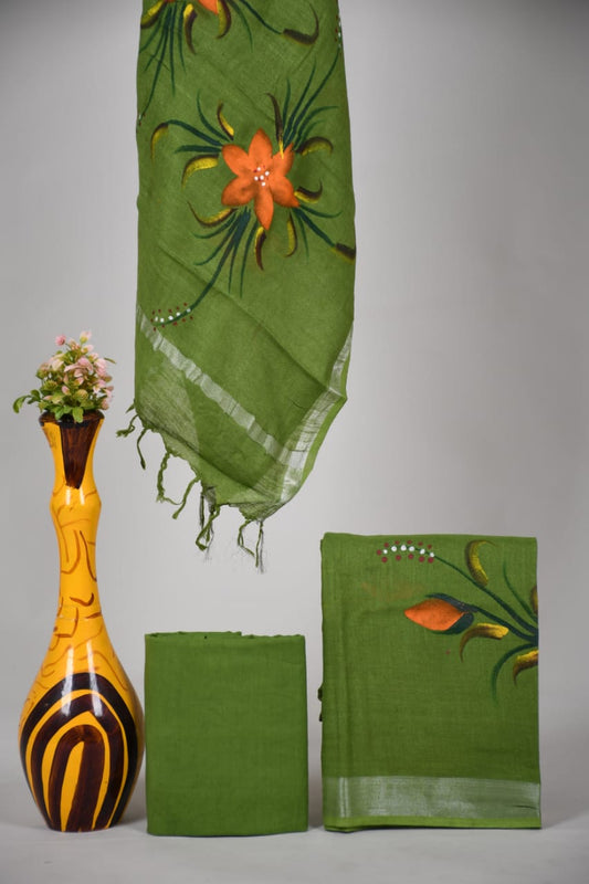 Bagru Hand Block Printed Linen Suits With Zari Border