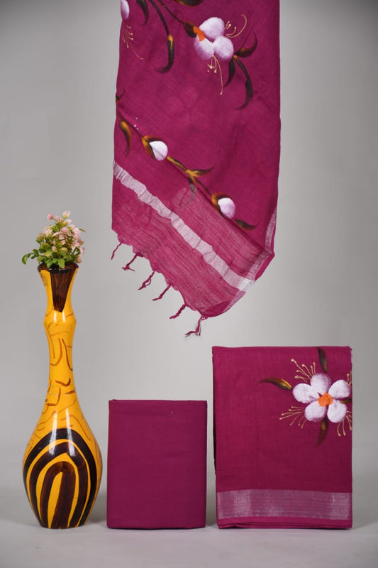 Bagru Hand Block Printed Linen Suits With Zari Border