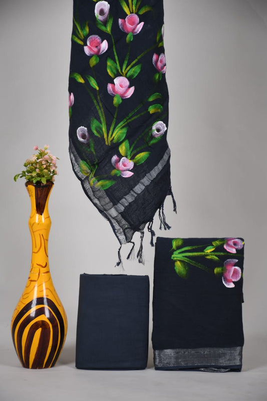 Bagru Hand Block Printed Linen Suits With Zari Border