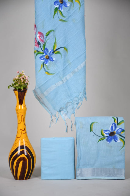 Bagru Hand Block Printed Linen Suits With Zari Border