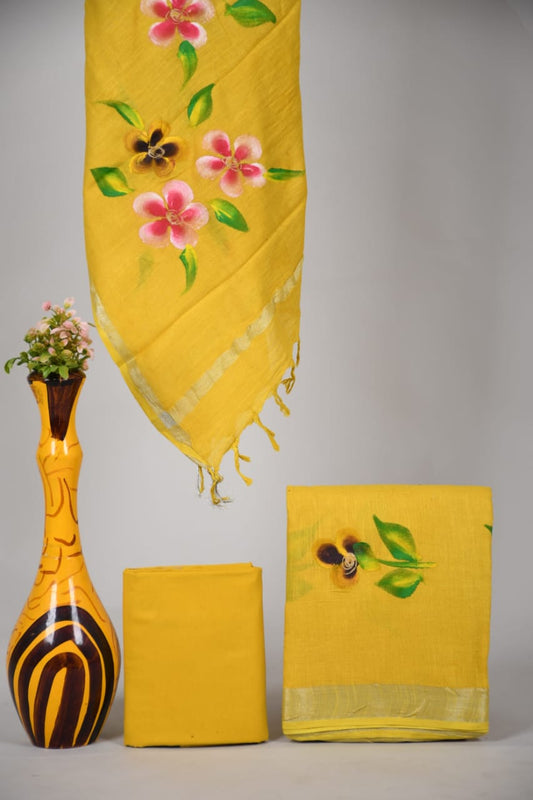 Bagru Hand Block Printed Linen Suits With Zari Border