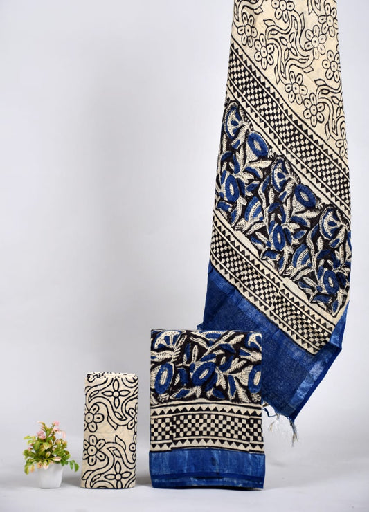 Bagru Hand Block Printed Linen Suits With Zari Border