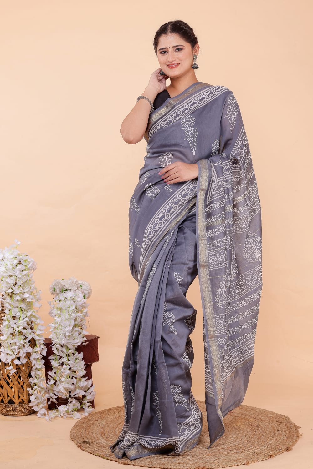 HAND BLOCK PRINTED MAHESHWARI SILK SAREE