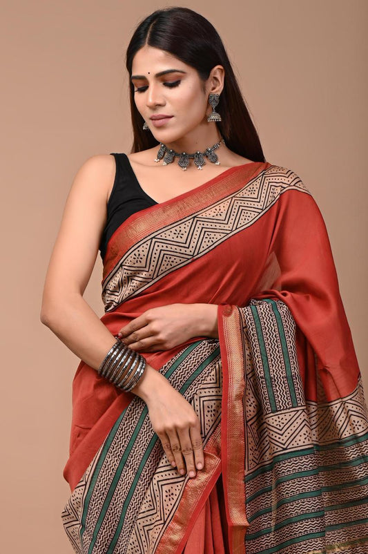 PURE HAND BLOCK PRINTED MAHESHWARI SAREE