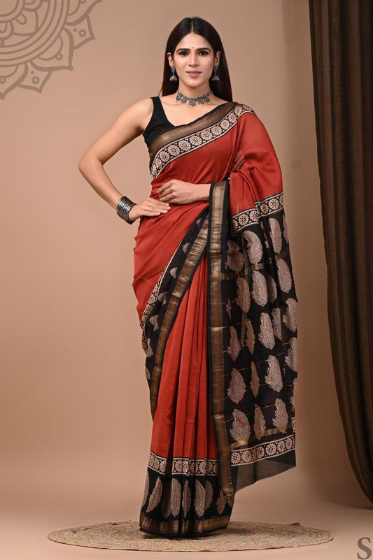 PURE HAND BLOCK PRINTED MAHESHWARI SAREE