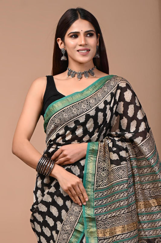 PURE HAND BLOCK PRINTED MAHESHWARI SAREE
