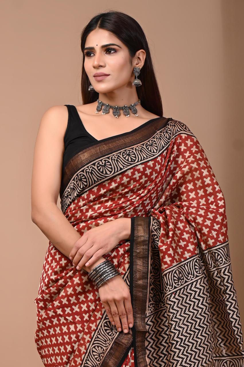 PURE HAND BLOCK PRINTED MAHESHWARI SAREE