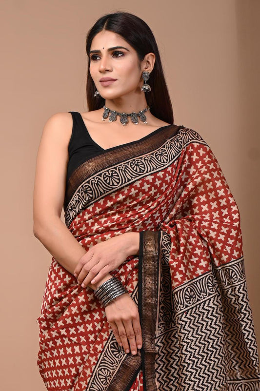 PURE HAND BLOCK PRINTED MAHESHWARI SAREE