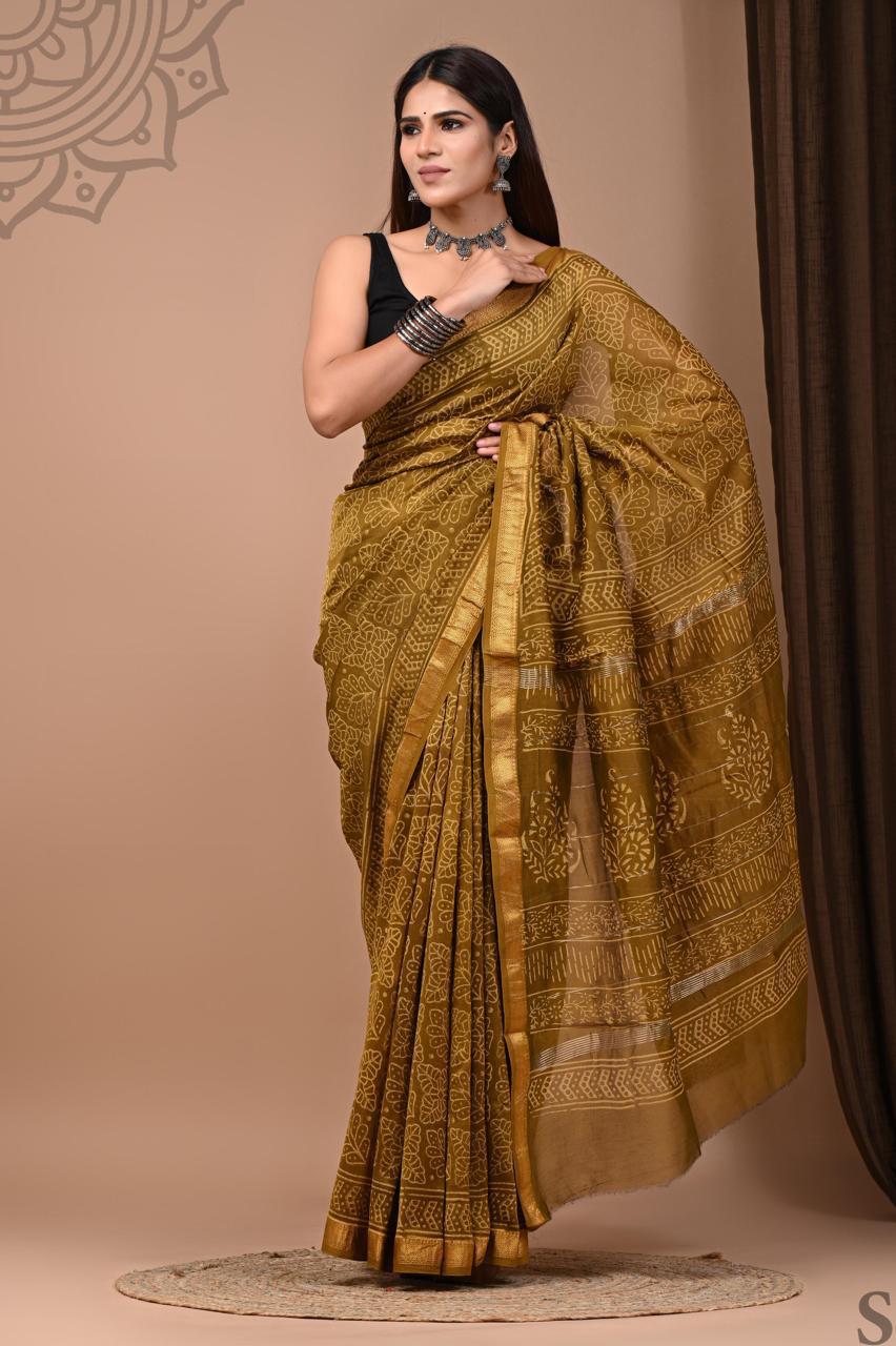 PURE HAND BLOCK PRINTED MAHESHWARI SAREE