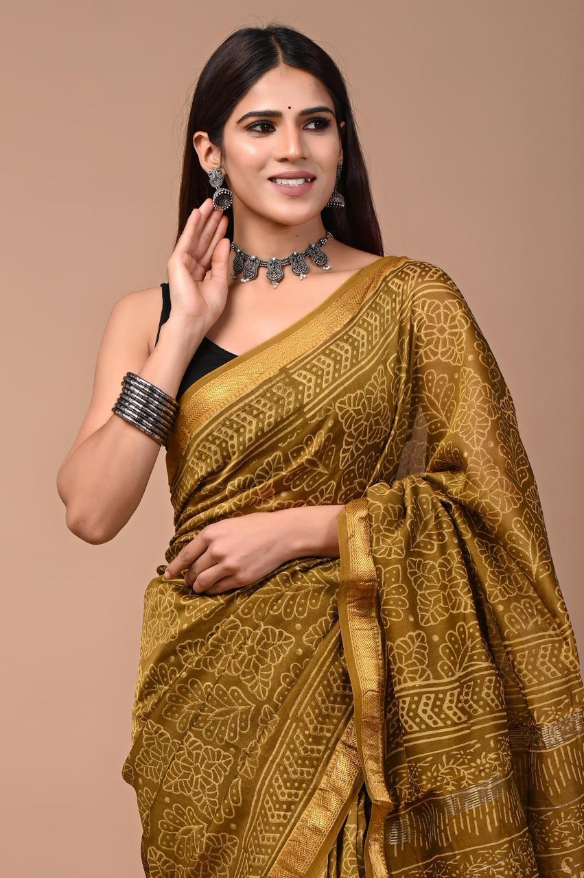 PURE HAND BLOCK PRINTED MAHESHWARI SAREE