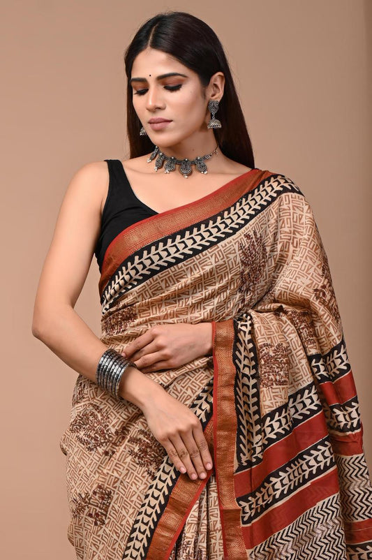 PURE HAND BLOCK PRINTED MAHESHWARI SAREE