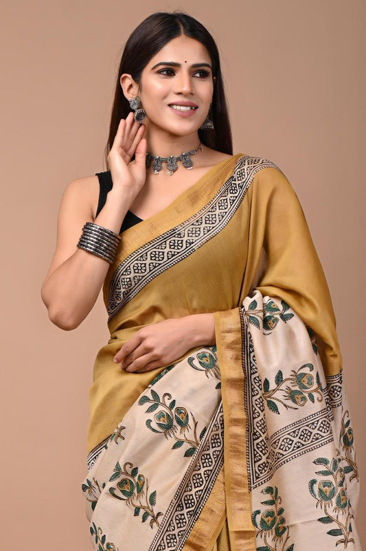 PURE HAND BLOCK PRINTED MAHESHWARI SAREE