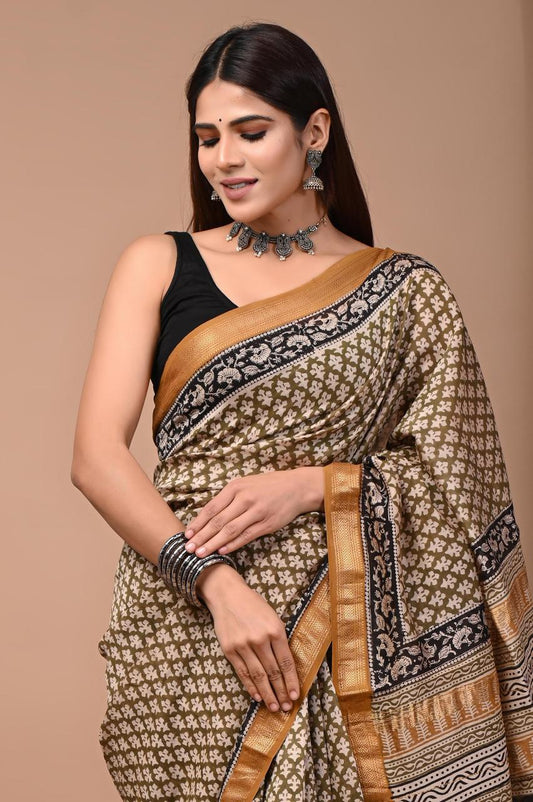 PURE HAND BLOCK PRINTED MAHESHWARI SAREE