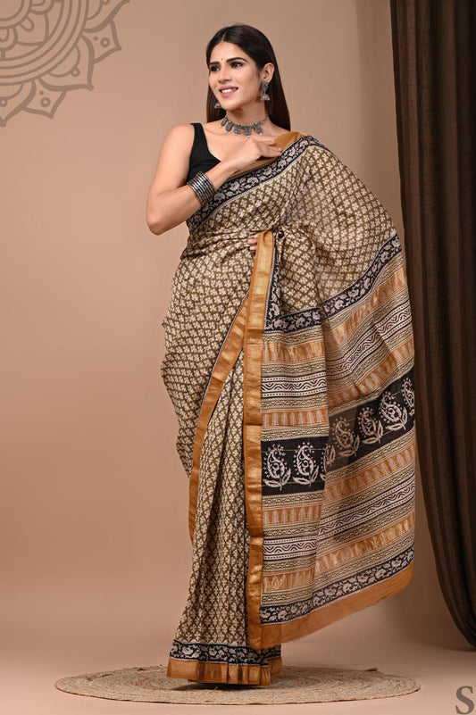 PURE HAND BLOCK PRINTED MAHESHWARI SAREE