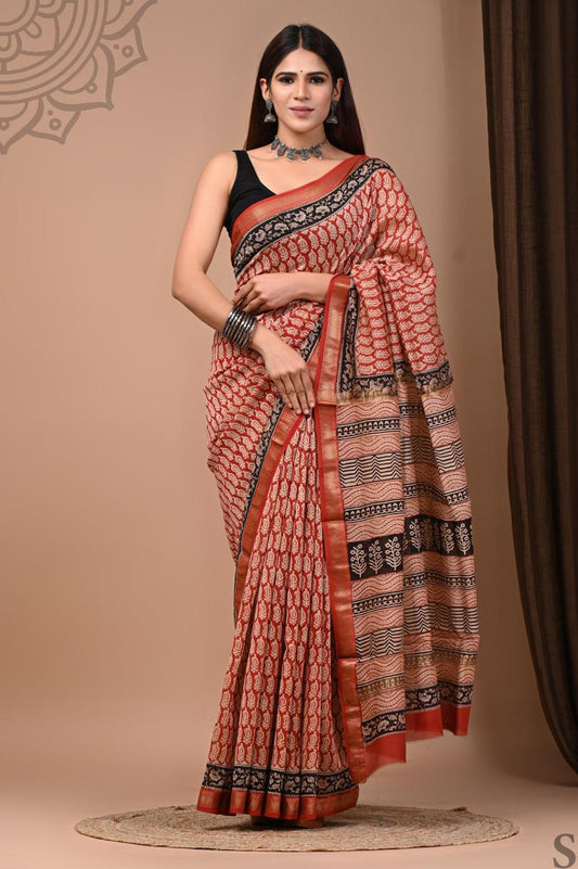 PURE HAND BLOCK PRINTED MAHESHWARI SAREE