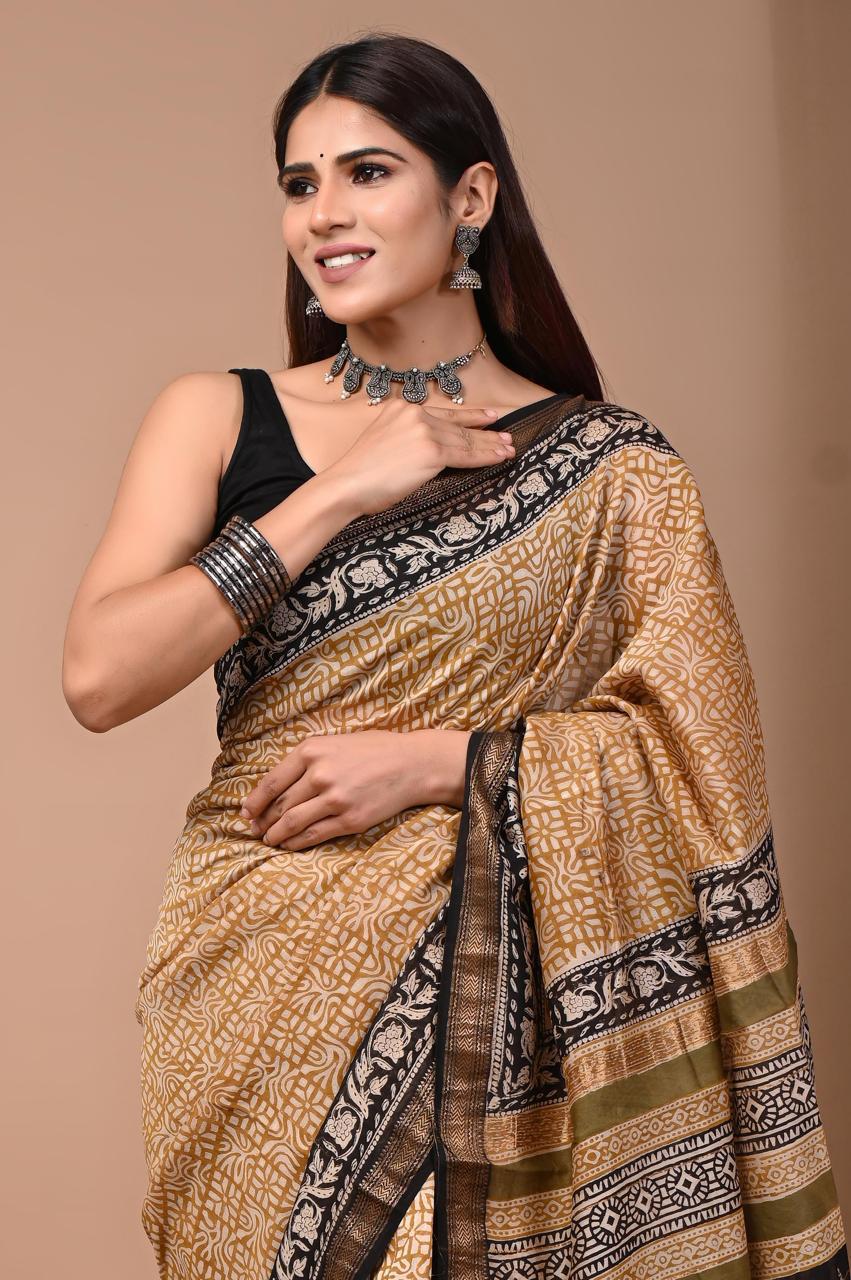 PURE HAND BLOCK PRINTED MAHESHWARI SAREE