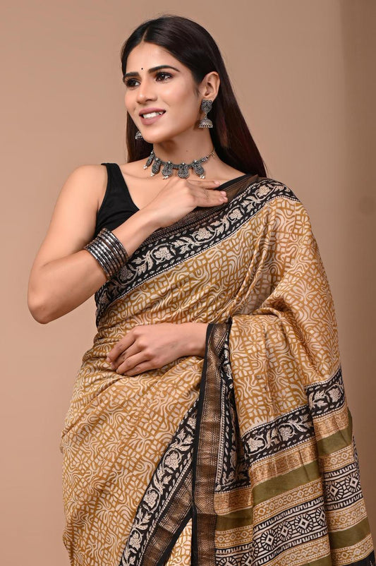 PURE HAND BLOCK PRINTED MAHESHWARI SAREE