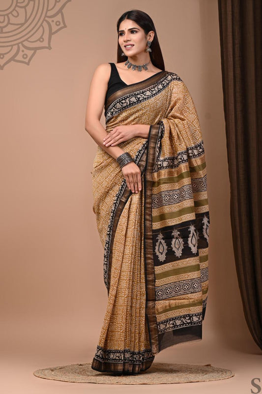 PURE HAND BLOCK PRINTED MAHESHWARI SAREE